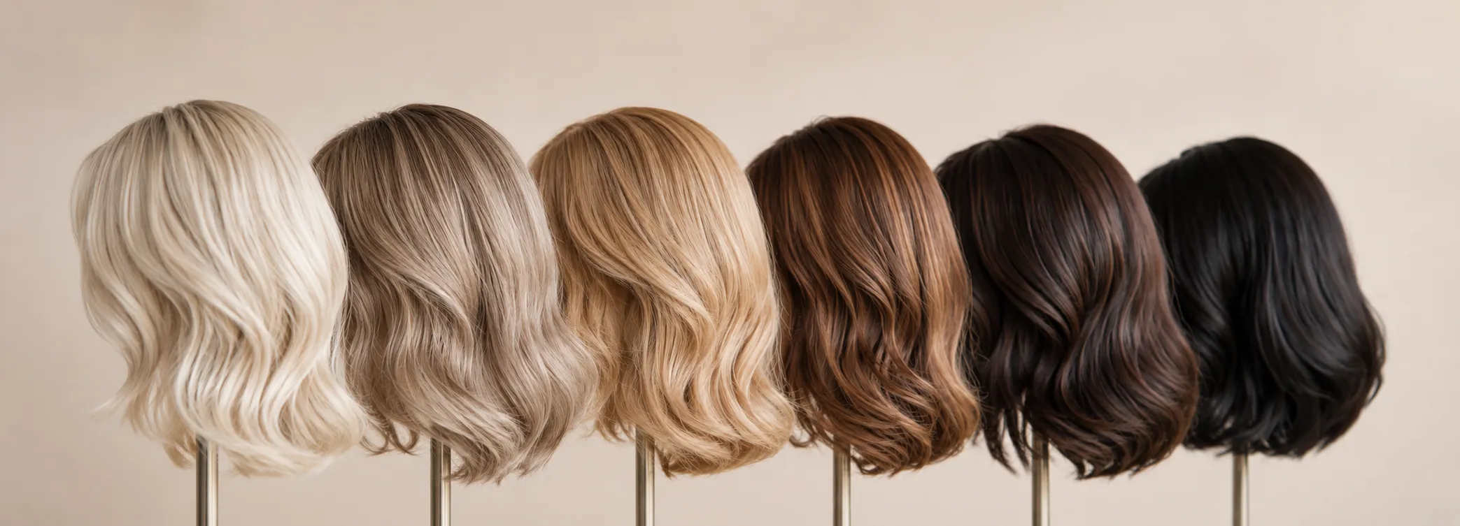 Haarwerken in verschillende kleuren.